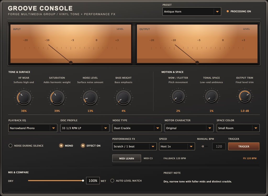 Actual Groove Console interface, showing orange activity meters and controls for presets, tone, surface texture, and Recall performance